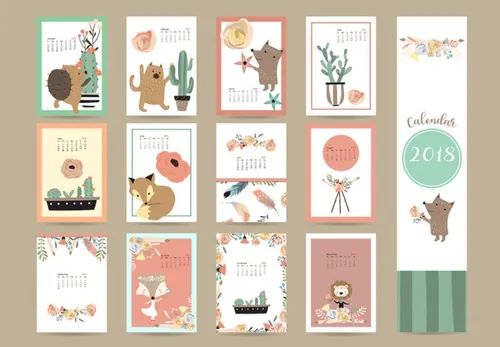 卡通手绘狗年日历台历矢量模板 MGY-9