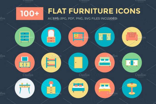 100 平面家具图标 100  Flat Furniture Icons