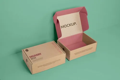 高质量瓦楞纸快递纸箱包装盒贴图设计展示样机PSD模板