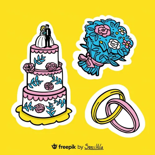 高质量婚礼蛋糕鲜花钻戒情人节七夕三八妇女节爱情主题创意插画E