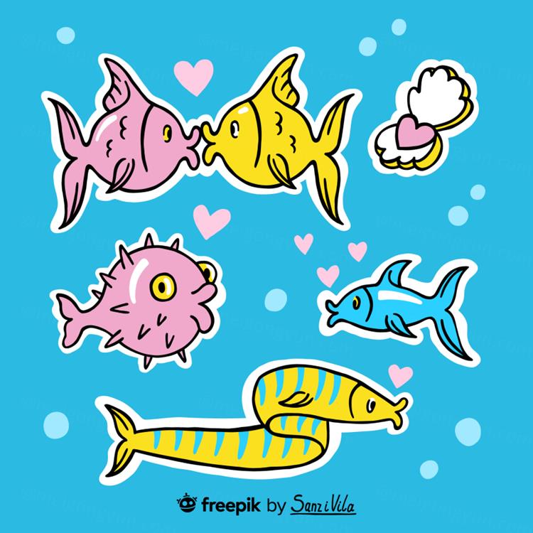 高质量婚礼水下生物情人节七夕爱情主题创意贴纸EPS矢量素材