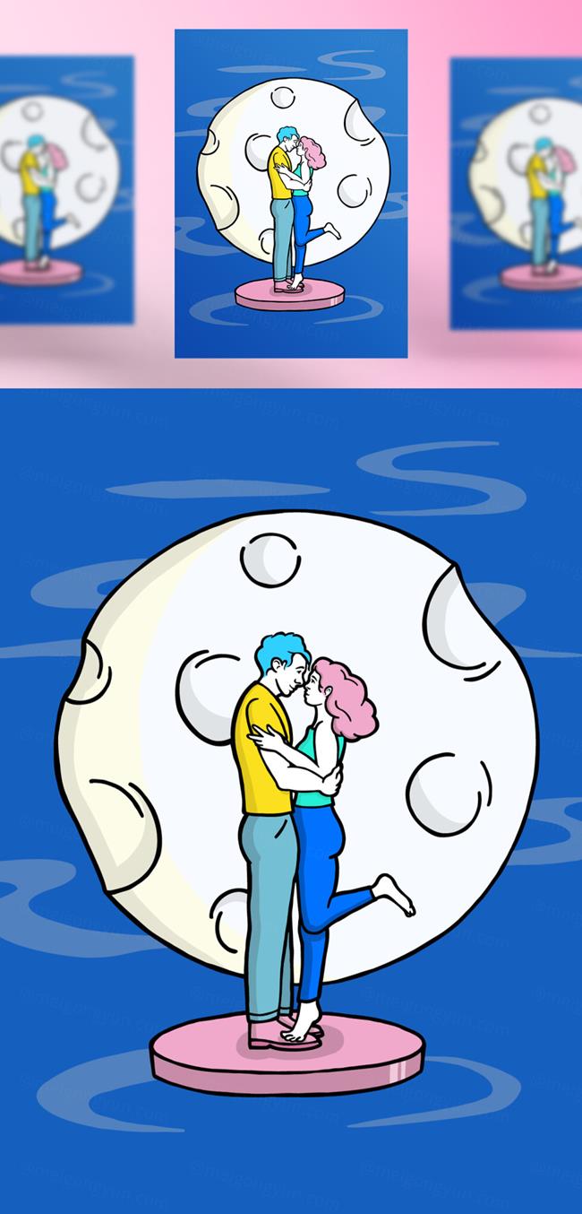 高质量情人节七夕恋人满月爱情主题创意插画EPS矢量素材
