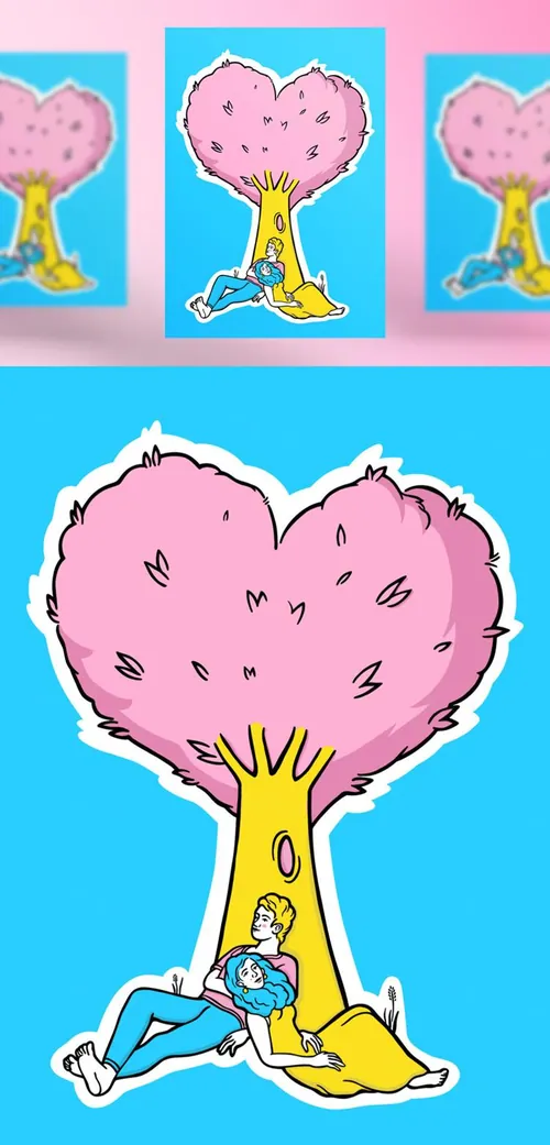 高质量手绘情人节七夕恋人心树爱情主题创意插画EPS矢量素材