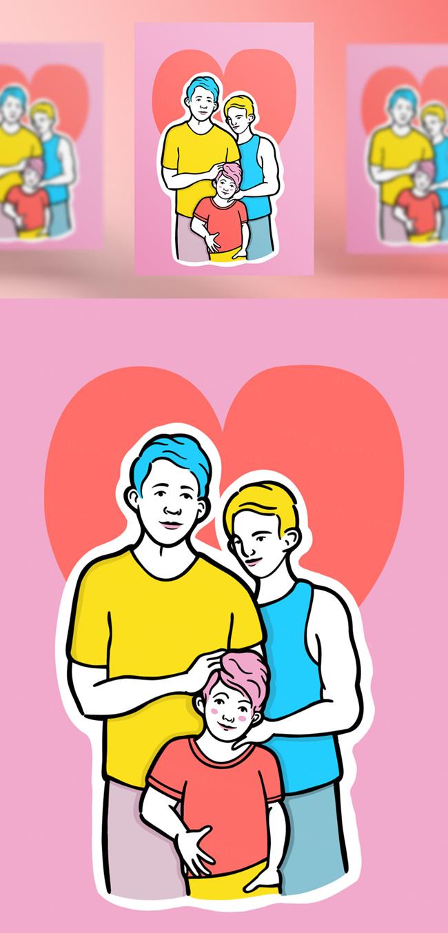 高质量手绘情人节七夕男同性恋和孩子爱情主题创意插画EPS矢量