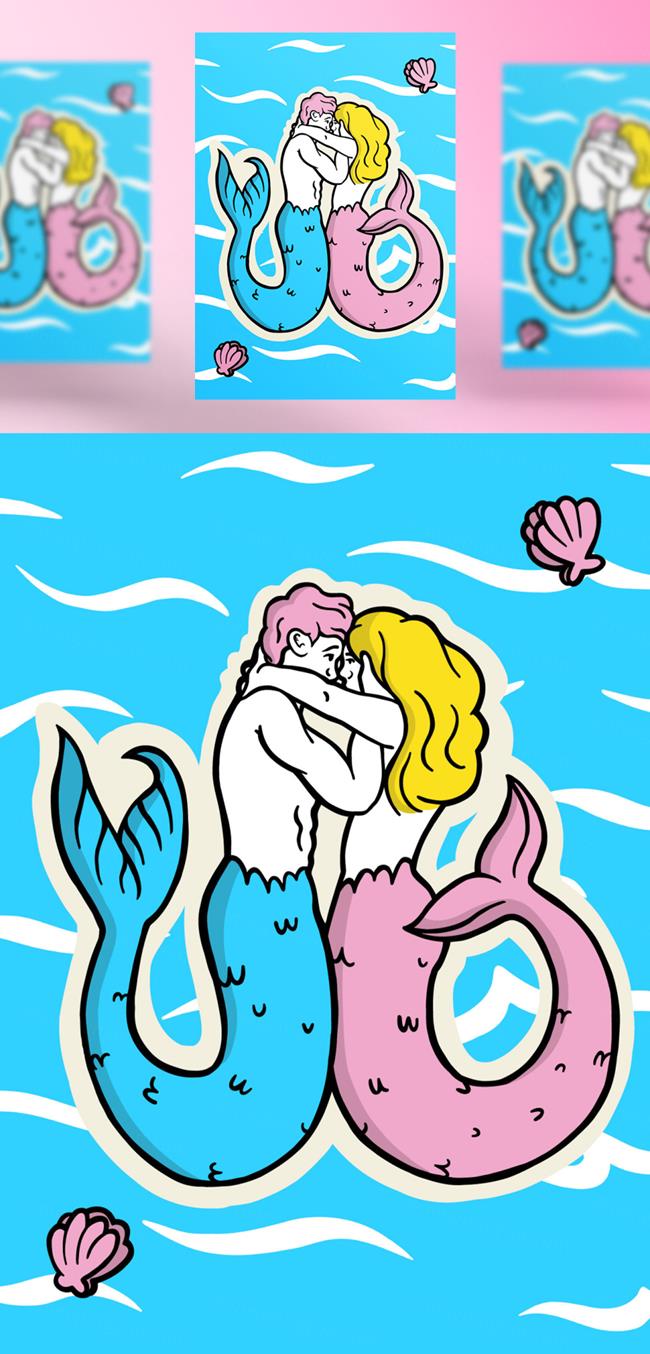 高质量手绘情人节七夕美人鱼爱情主题创意插画EPS矢量素材