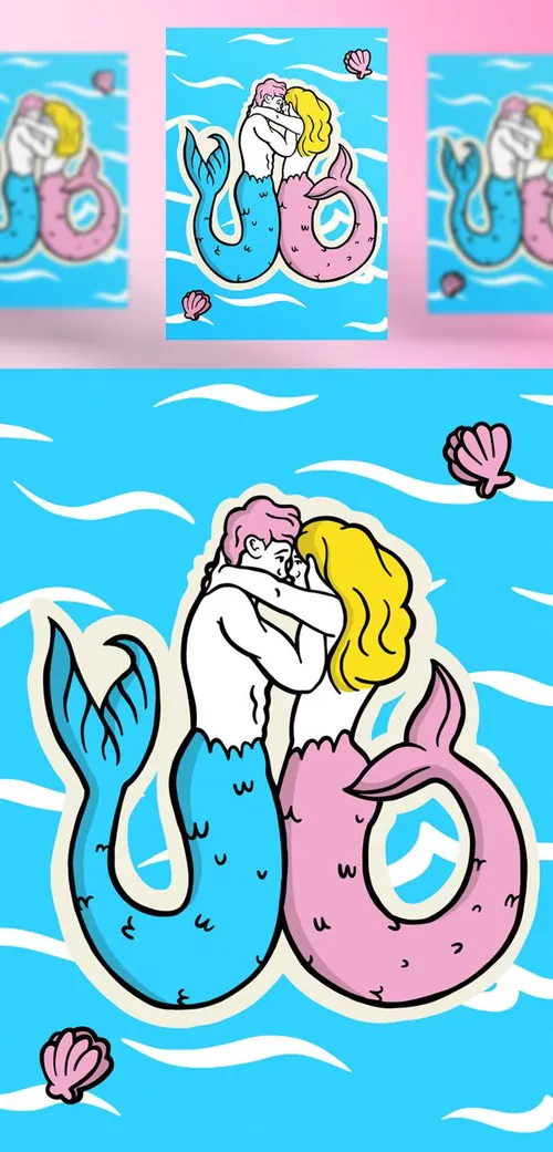 高质量手绘情人节七夕美人鱼爱情主题创意插画EPS矢量素材