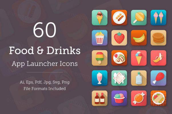 60个食物和饮料应用图标 60 Food and Drinks App Icon