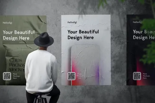 户外皱巴巴的宣传单海报广告设计贴图展示样机PSD模板 Wal