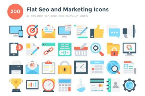200个平面Seo和营销图标 200 Flat Seo and Marketin