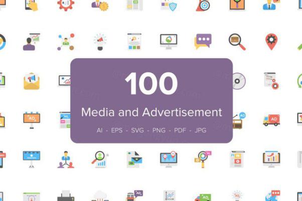 100个平面媒体和广告图标 100 Flat Media and Adverti