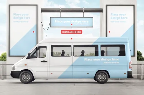 少见稀有的小公交车中巴班车车体广告公交车站广告VI设计