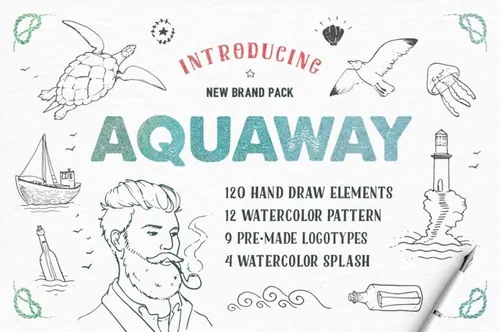 水彩手绘海洋主题插画素材 AquaWay — waterco