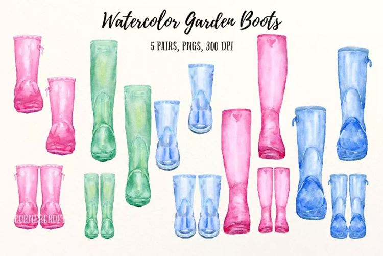 水彩艺术塑胶雨靴花园靴子剪贴画 Watercolor Gar