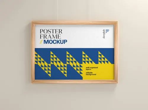艺术木质画框相框海报设计展示贴图样机PSD模板 Poster frame mockup