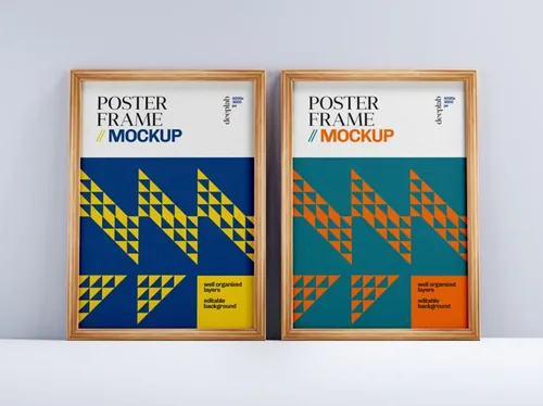 艺术木质画框相框海报设计展示贴图样机PSD模板 Poster frame mockup