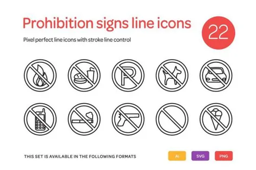 禁止标志线图标集 Prohibition Signs Line Icons Se