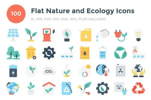 自然和生态图标 100 Flat Nature and Ecology Icon