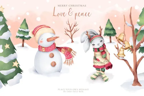 水彩手绘可爱卡通老式圣诞节贺卡EPS矢量插画素材 Lovely vintage christmas card