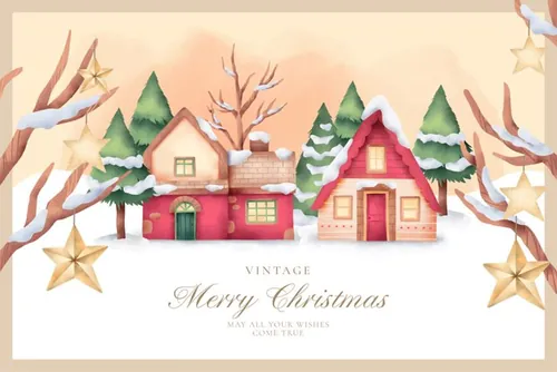 水彩手绘可爱卡通老式圣诞节贺卡EPS矢量插画素材 Lovely vintage christmas card