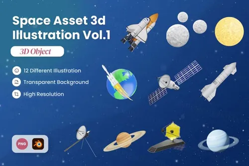 三维渲染卡通太空星球火箭卫星飞船主题3D插画素材 Space