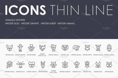 动物拟人时髦的细线图标 Animals hipsters thinline ic