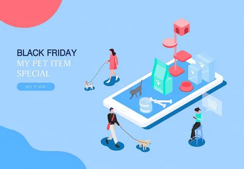 【宠物行业】黑色星期五热门销售产业2.5D等距风格Web UI插画素材