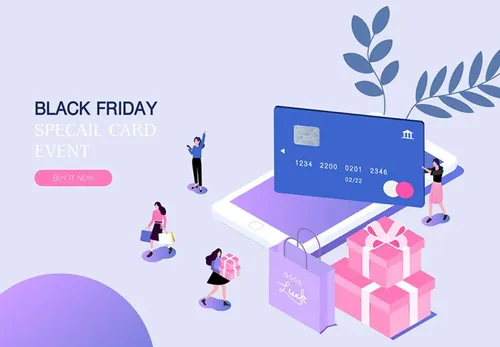 【信用卡支付】黑色星期五热门销售产业2.5D等距风格Web UI插画素材