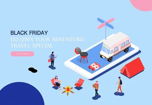 【户外旅行周边】黑色星期五热门销售产业2.5D等距风格Web UI插画素材