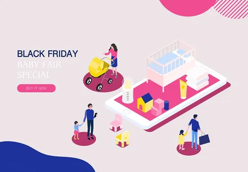 【母婴】黑色星期五热门销售产业2.5D等距风格Web UI插画素材