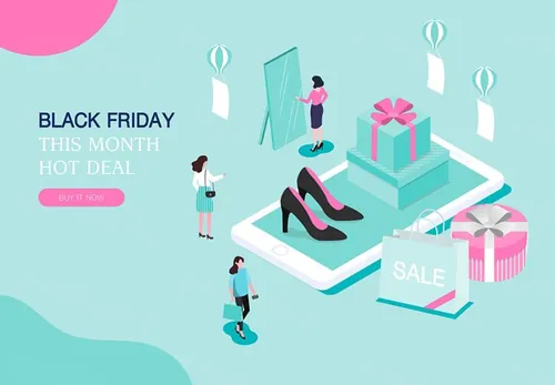 【女士女装】黑色星期五热门销售产业2.5D等距风格Web UI插画素材