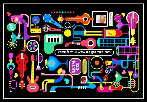 卡通夜店乐器人物霓虹灯卡通线条音乐场景元素AI矢量设计素材