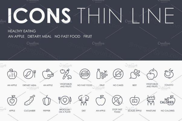 健康饮食线型图标套装 Healthy eating thinline icons