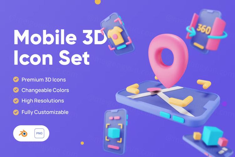 三维渲染卡通手机虚拟现实无线定位线上购物插画图标素材 Mob