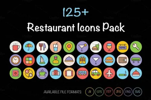 酒店餐厅相关的彩色图标套装 125  Restaurant Icons Pack