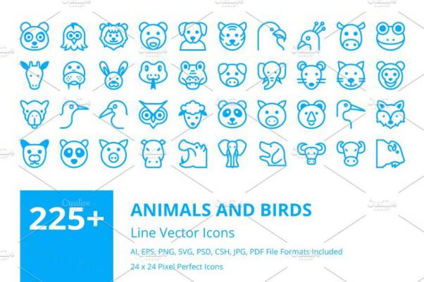 可爱的动物鸟类线型图标合集 Animals and Birds Line Ico