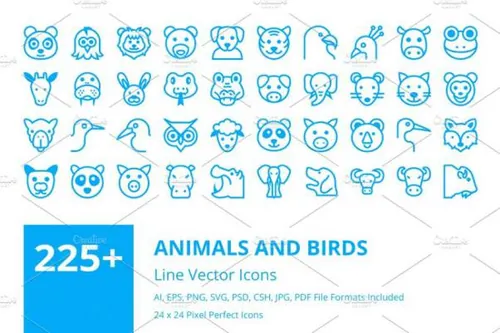 可爱的动物鸟类线型图标合集 Animals and Birds Line Ico