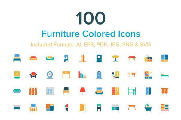 上色的室内家具图标 100 Furniture Colored Icons