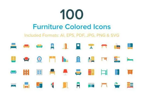 上色的室内家具图标 100 Furniture Colored Icons