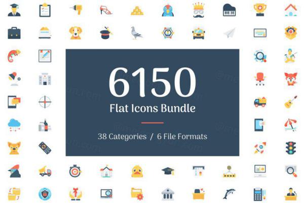 一套完美的图标图形素材 6150 Flat Icons Bundle