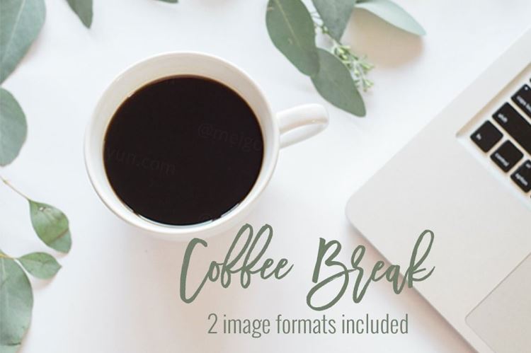 笔记本电脑/咖啡桉叶场景样机Stock