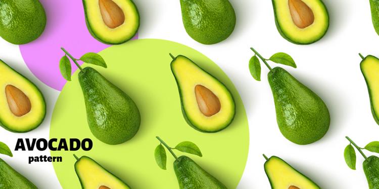 新鲜夏季水果牛油果鳄梨无缝拼接图案PSD分层设计素材