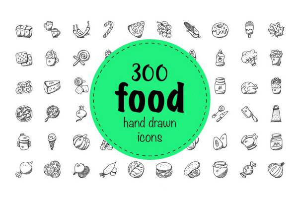 手绘食物图标 300 Food Hand Drawn Doodles Icons