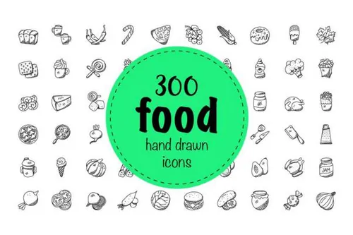手绘食物图标 300 Food Hand Drawn Doodles Icons
