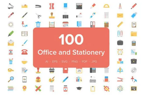 扁平化的办公室文件图标Office and Stationery Flat Ic