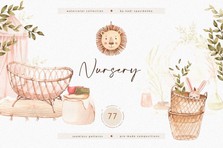 水彩手绘儿童婴儿房家具装饰剪贴画PNG素材合辑 Waterc