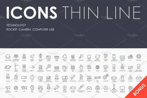 技术科技类细笔画小图标素材 Technology thinline icons