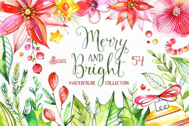婚礼和明亮的水彩素材 Merry And Bright. Watercolor