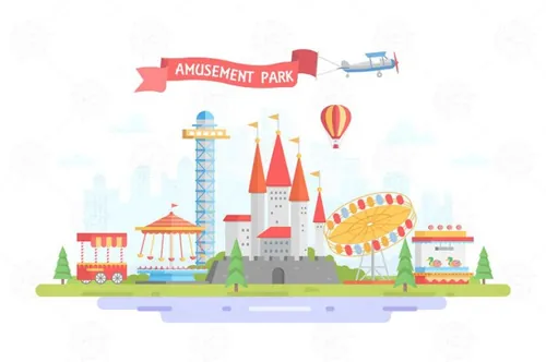 时尚扁平化风格的城市游乐场迪斯尼乐园海报
