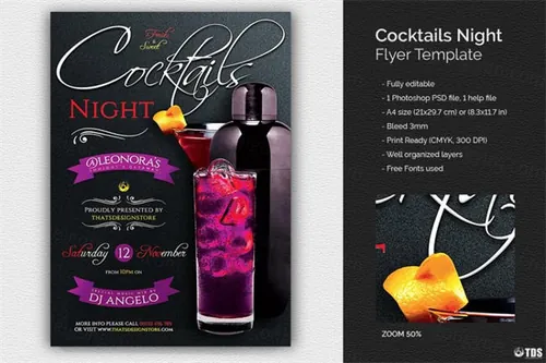 鸡尾酒之夜海报模版 Cocktails Night Flyer