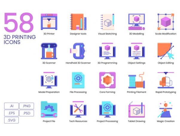 3D打印技术相关创意图标3D Printing Flat Icons
